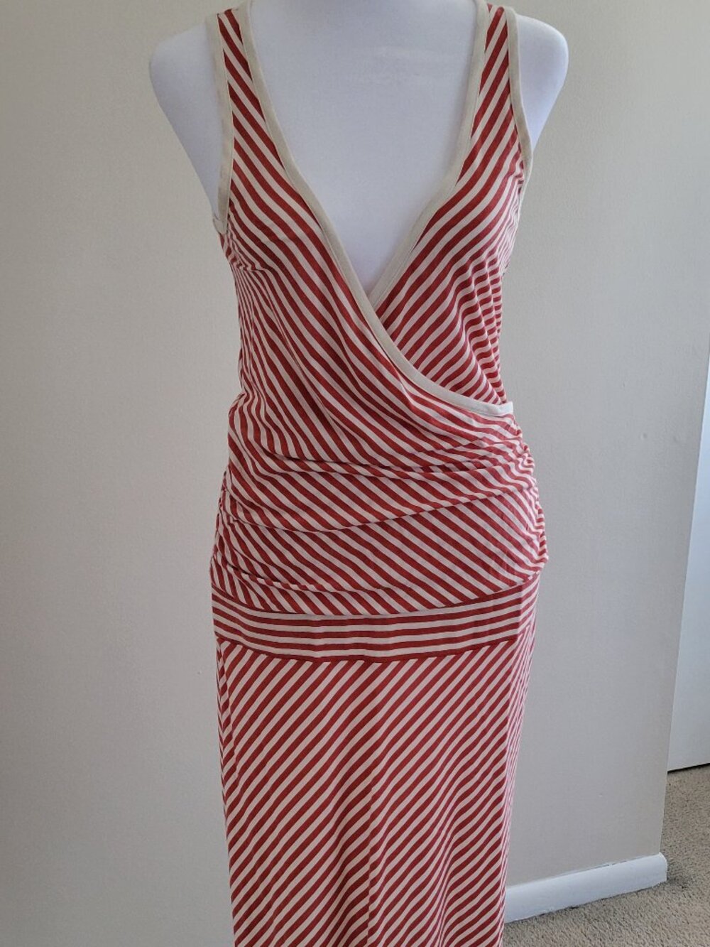 Old Navy Red and White Striped Faux Wrap Dress